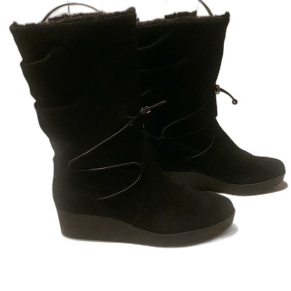 H by Halston Women's Leather Suede Black Boots with Faux Fur Size 10 Wedge - Picture 3 of 12